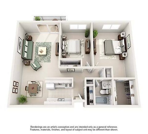 Floor plan for 2 beds, 1 bath, 938 sqft